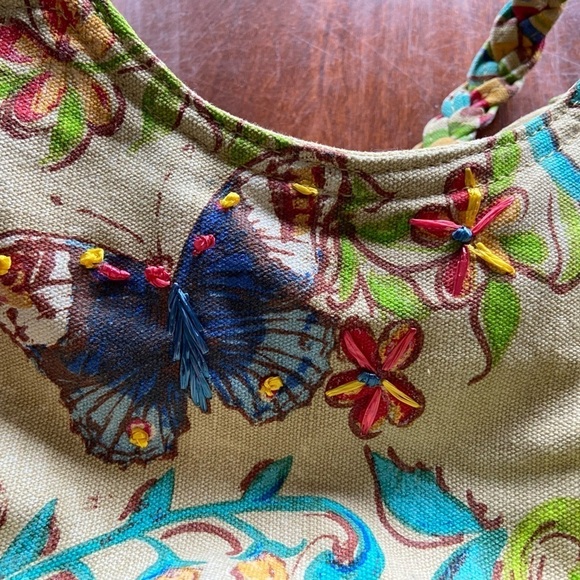 Kate McRostie Canvas Raffia Shoulder Bag Butterfly Flower - Picture 4 of 15
